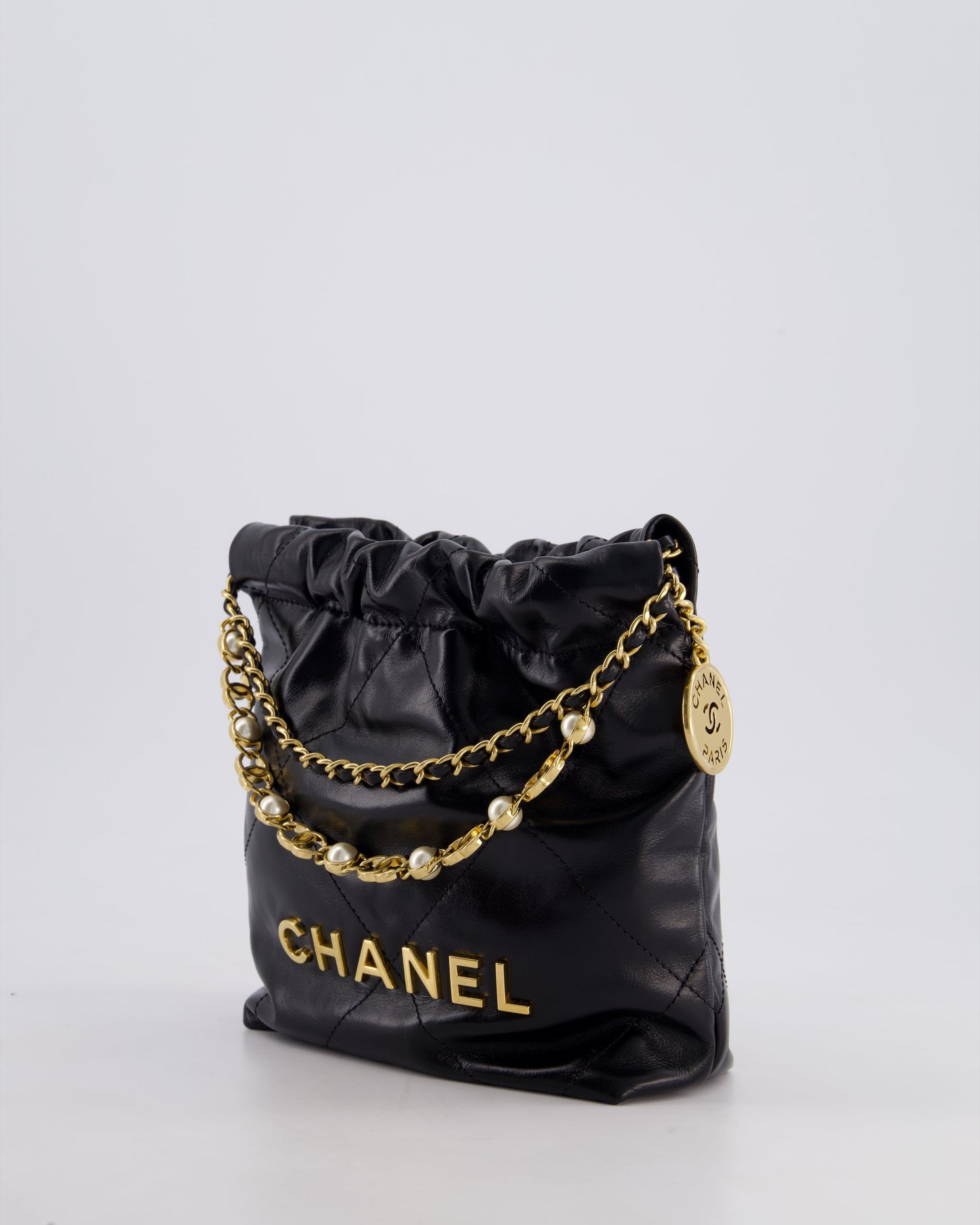 *RARE* Chanel Mini 22 Bag in Black Shiny Calfskin with Gold Hardware and Pearls CC Chain Detail