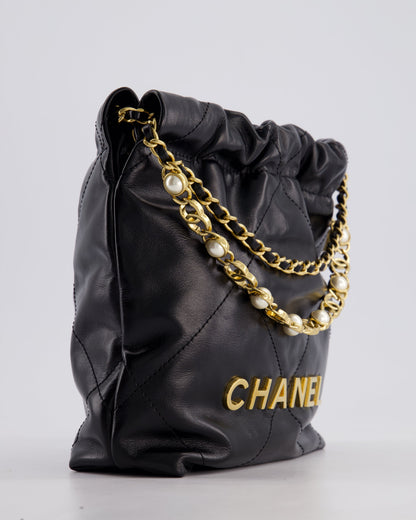 *RARE* Chanel Mini 22 Bag in Black Shiny Calfskin with Gold Hardware and Pearls CC Chain Detail