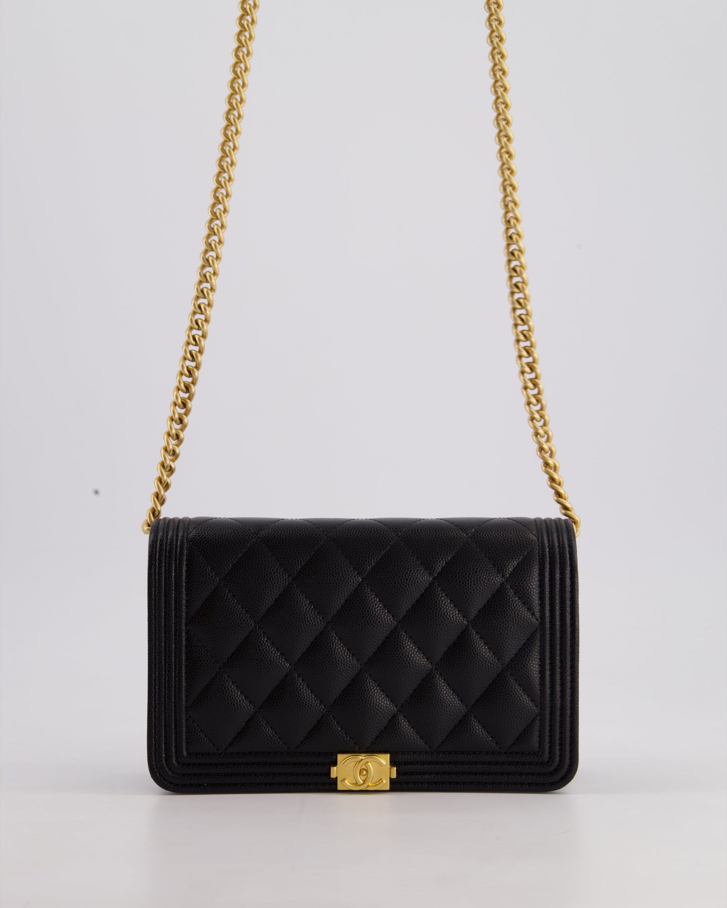 *HOT* Chanel Black Boy Wallet on Chain in Caviar Leather with Brushed Gold Hardware