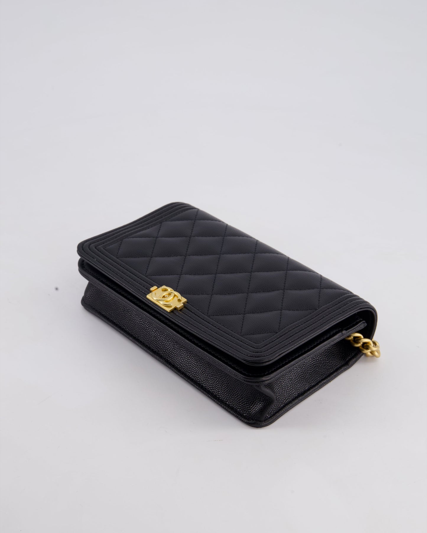*HOT* Chanel Black Boy Wallet on Chain in Caviar Leather with Brushed Gold Hardware
