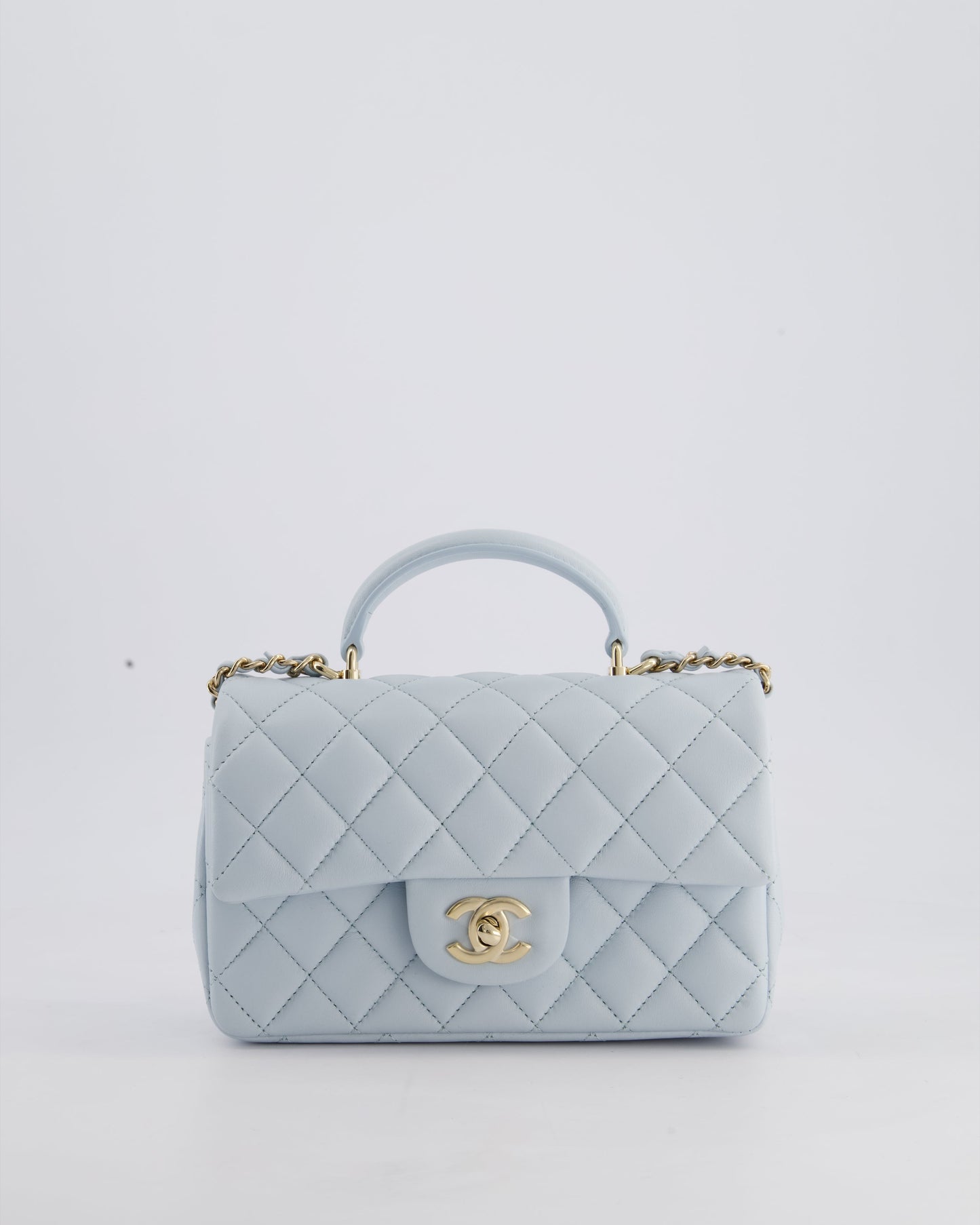 *HOT* Chanel Baby Blue Mini Rectangular Top Handle Bag in Lambskin Leather with Champagne Gold Hardware