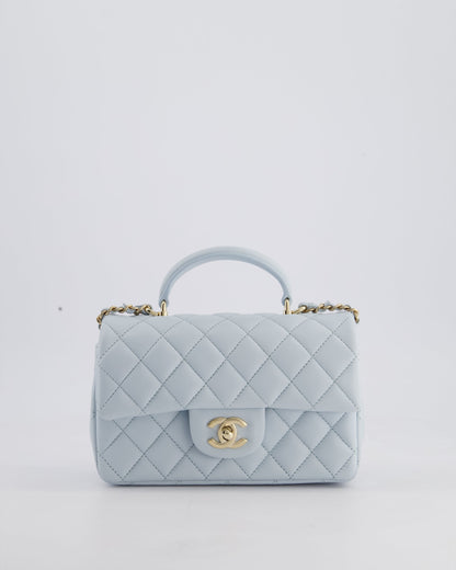 *HOT* Chanel Baby Blue Mini Rectangular Top Handle Bag in Lambskin Leather with Champagne Gold Hardware