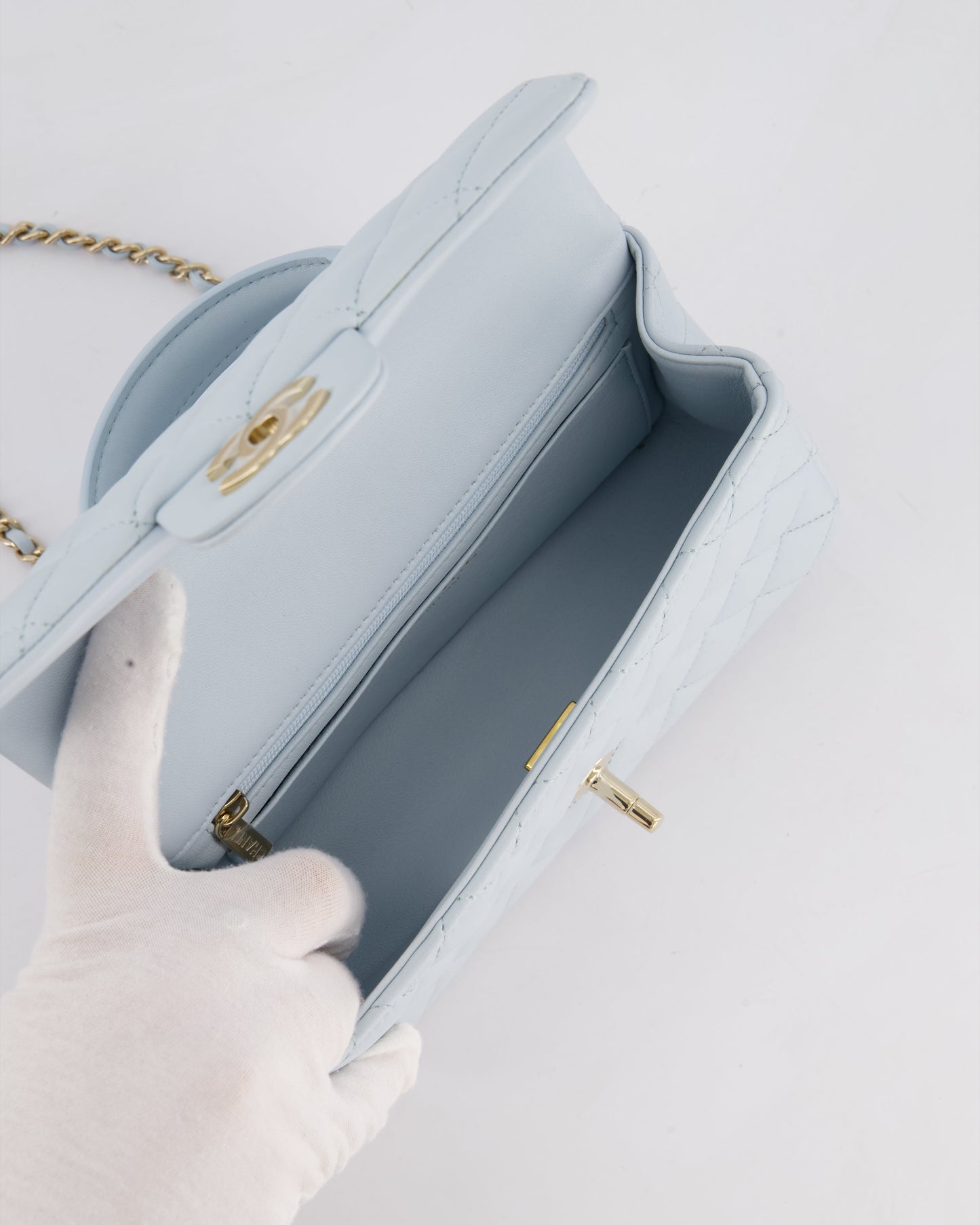 *HOT* Chanel Baby Blue Mini Rectangular Top Handle Bag in Lambskin Leather with Champagne Gold Hardware