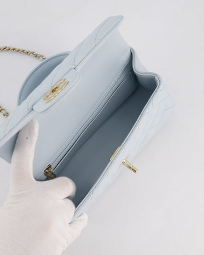 *HOT* Chanel Baby Blue Mini Rectangular Top Handle Bag in Lambskin Leather with Champagne Gold Hardware