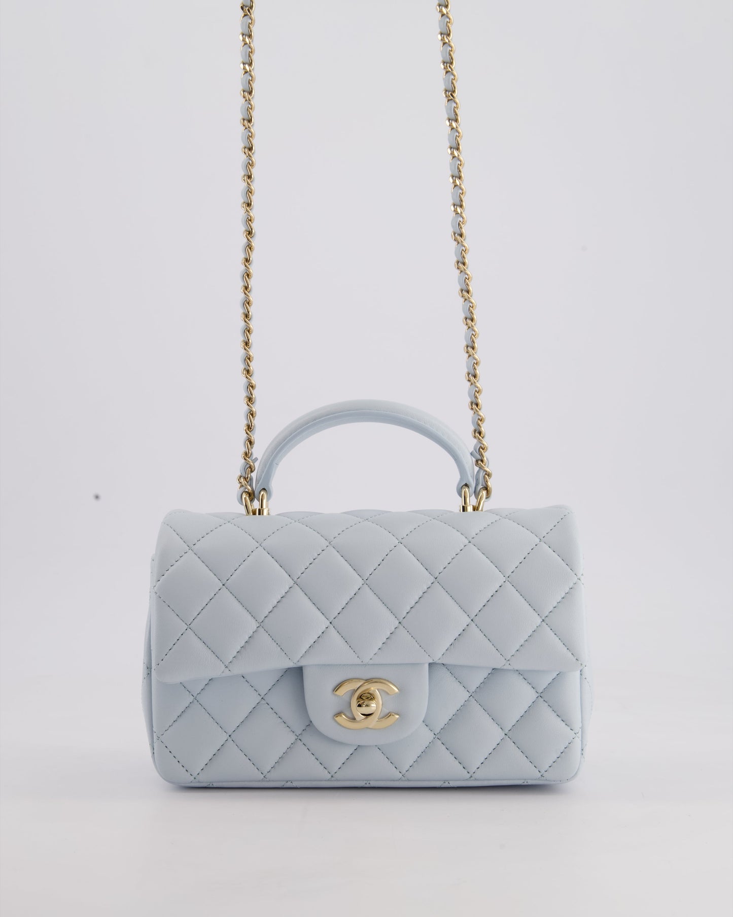 *HOT* Chanel Baby Blue Mini Rectangular Top Handle Bag in Lambskin Leather with Champagne Gold Hardware