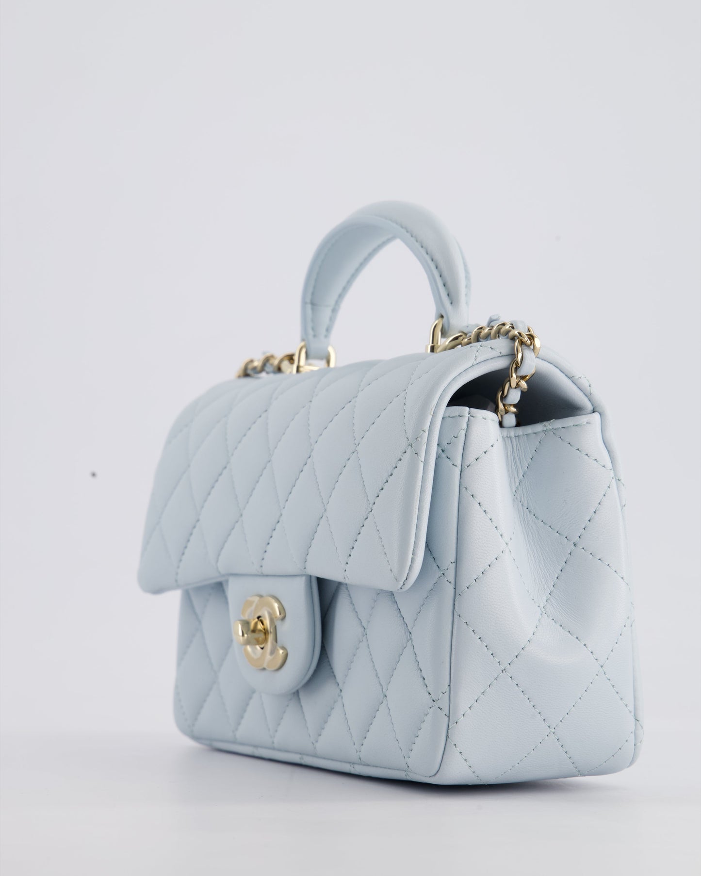 *HOT* Chanel Baby Blue Mini Rectangular Top Handle Bag in Lambskin Leather with Champagne Gold Hardware