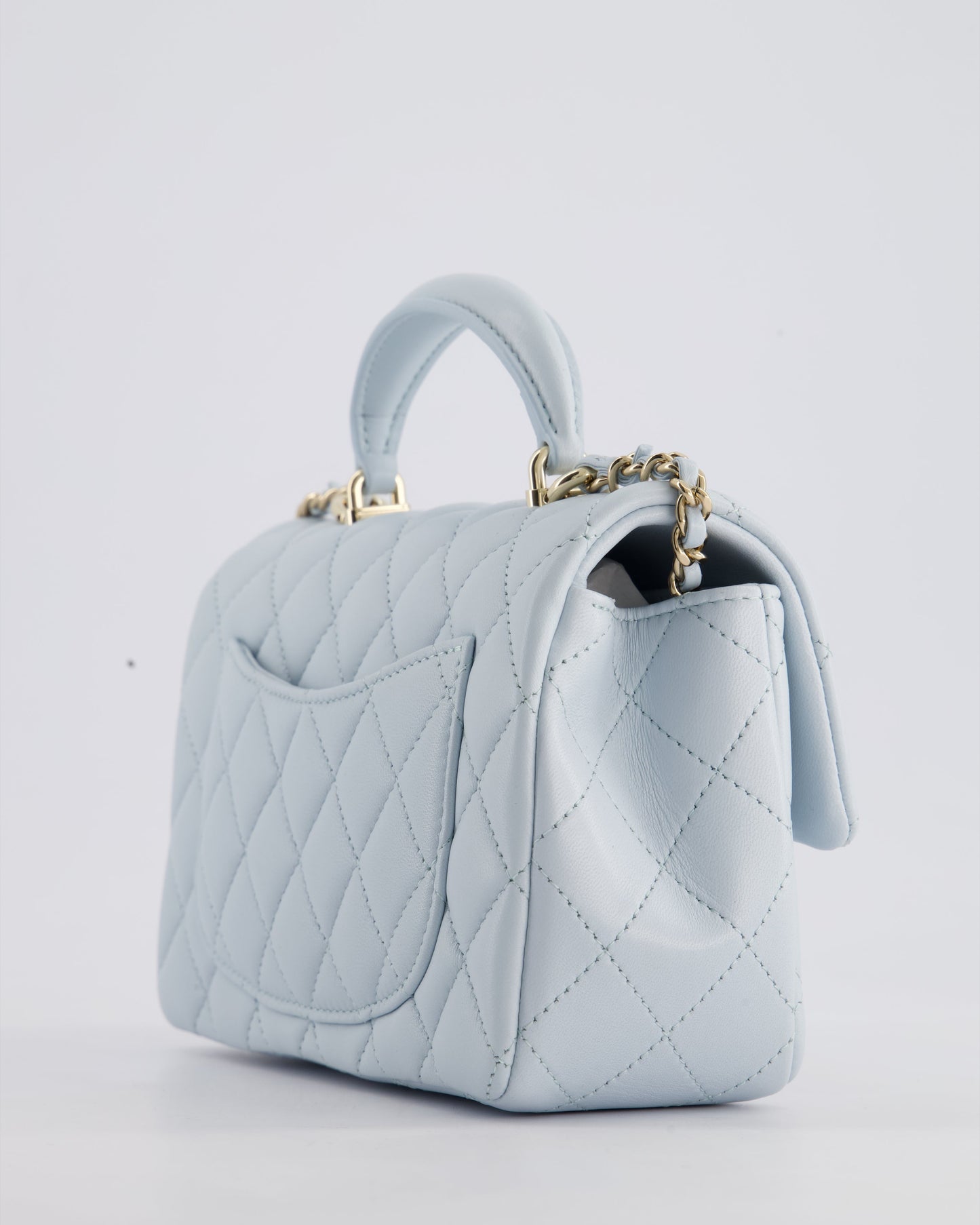*HOT* Chanel Baby Blue Mini Rectangular Top Handle Bag in Lambskin Leather with Champagne Gold Hardware