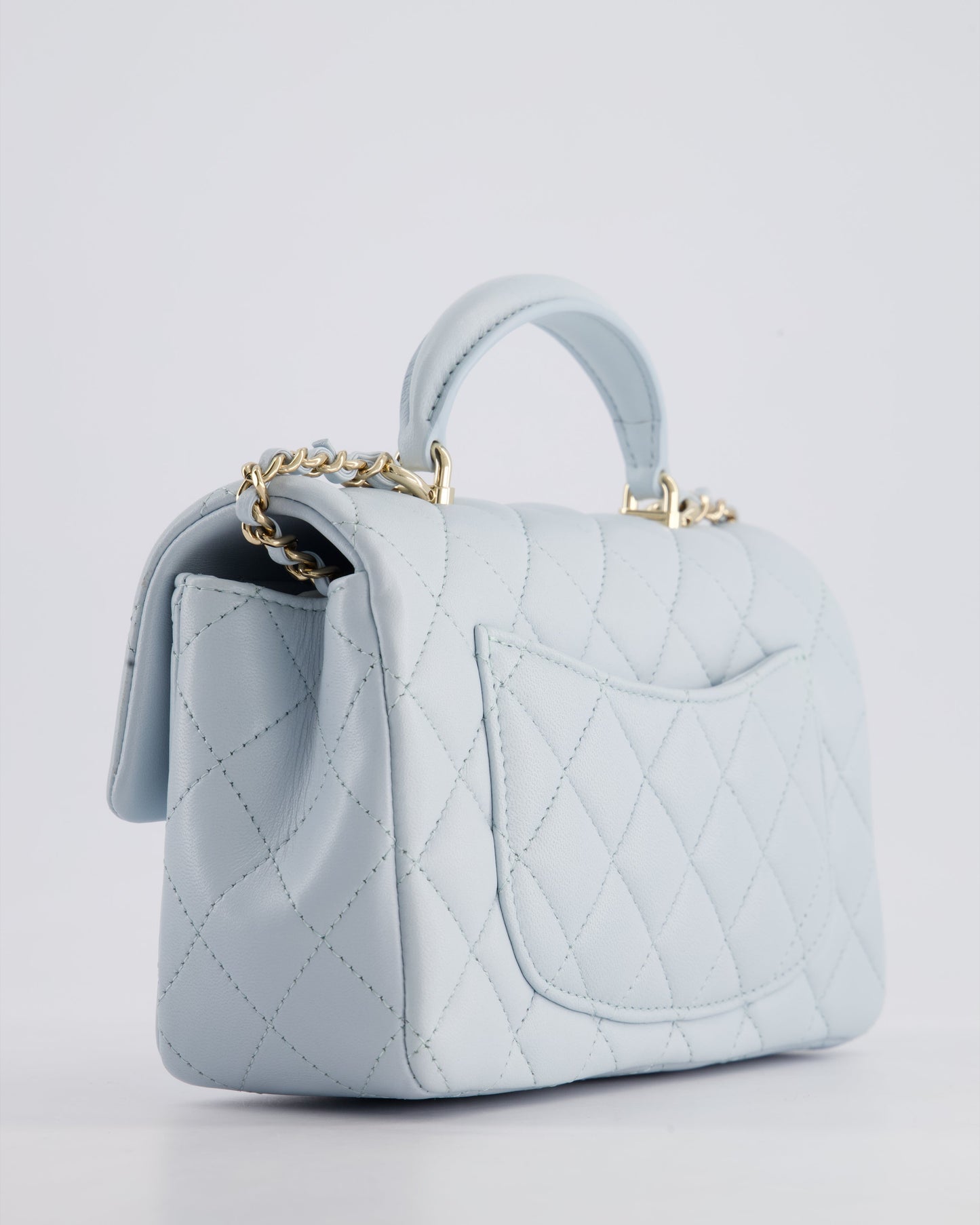 *HOT* Chanel Baby Blue Mini Rectangular Top Handle Bag in Lambskin Leather with Champagne Gold Hardware