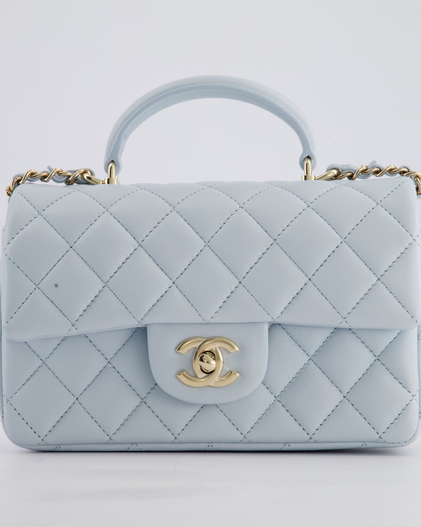*HOT* Chanel Baby Blue Mini Rectangular Top Handle Bag in Lambskin Leather with Champagne Gold Hardware
