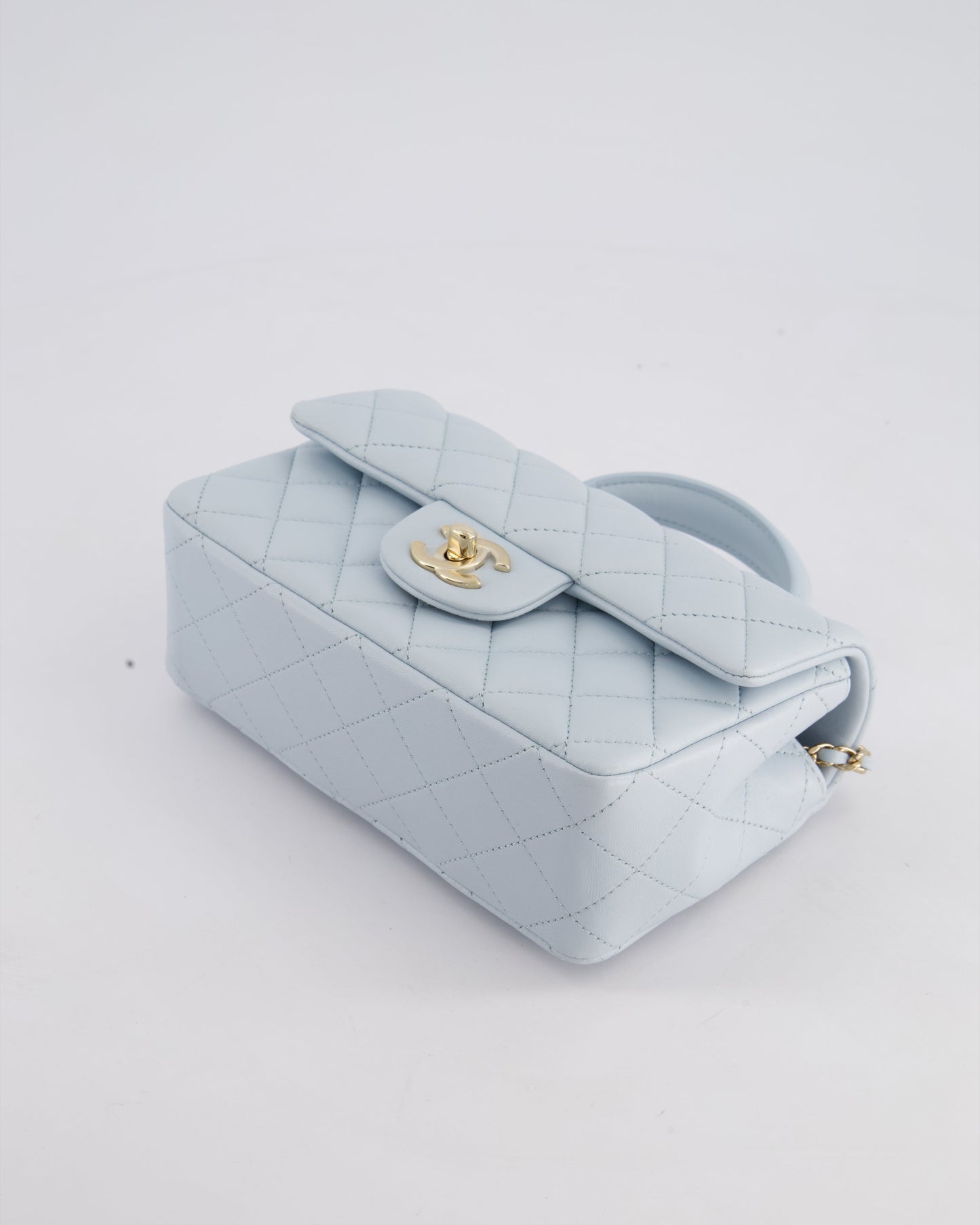 *HOT* Chanel Baby Blue Mini Rectangular Top Handle Bag in Lambskin Leather with Champagne Gold Hardware