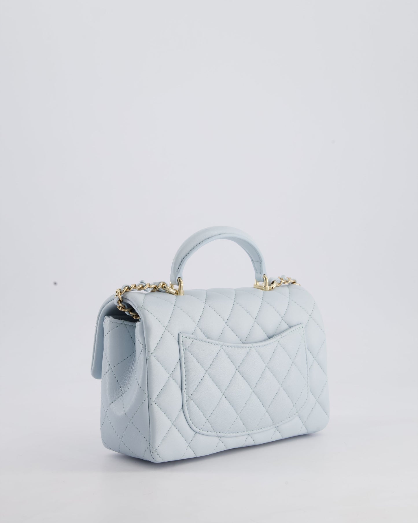 *HOT* Chanel Baby Blue Mini Rectangular Top Handle Bag in Lambskin Leather with Champagne Gold Hardware
