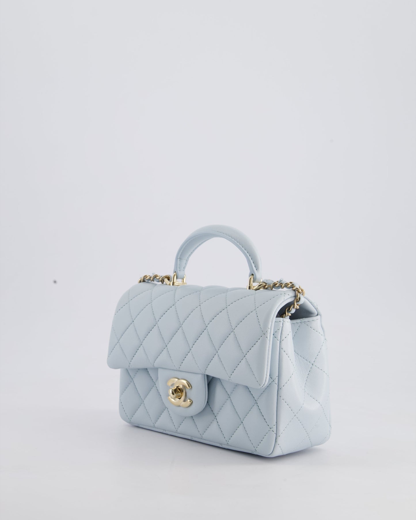 *HOT* Chanel Baby Blue Mini Rectangular Top Handle Bag in Lambskin Leather with Champagne Gold Hardware