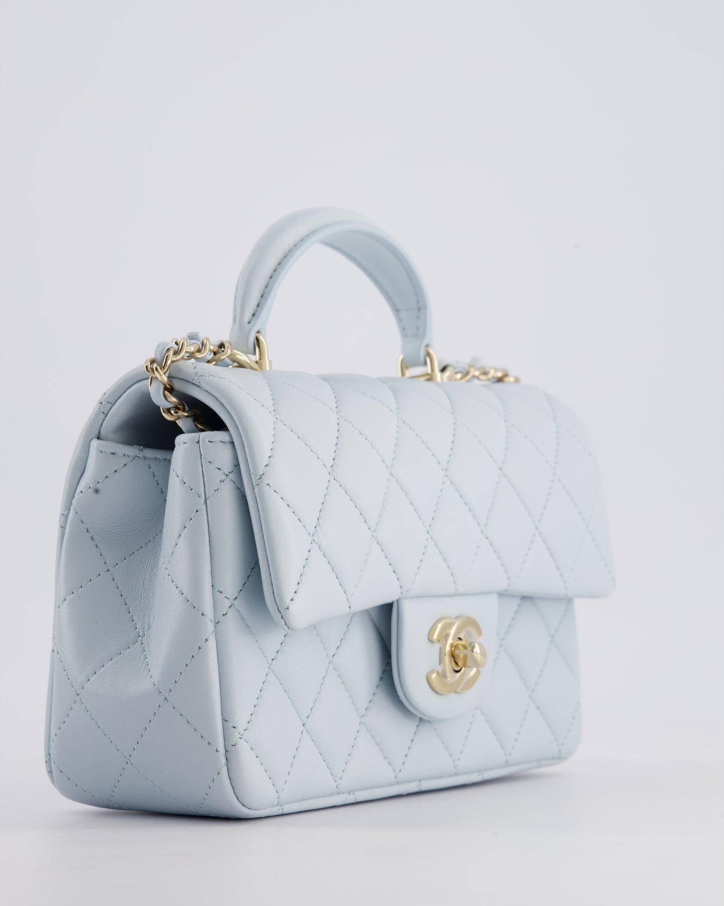 *HOT* Chanel Baby Blue Mini Rectangular Top Handle Bag in Lambskin Leather with Champagne Gold Hardware