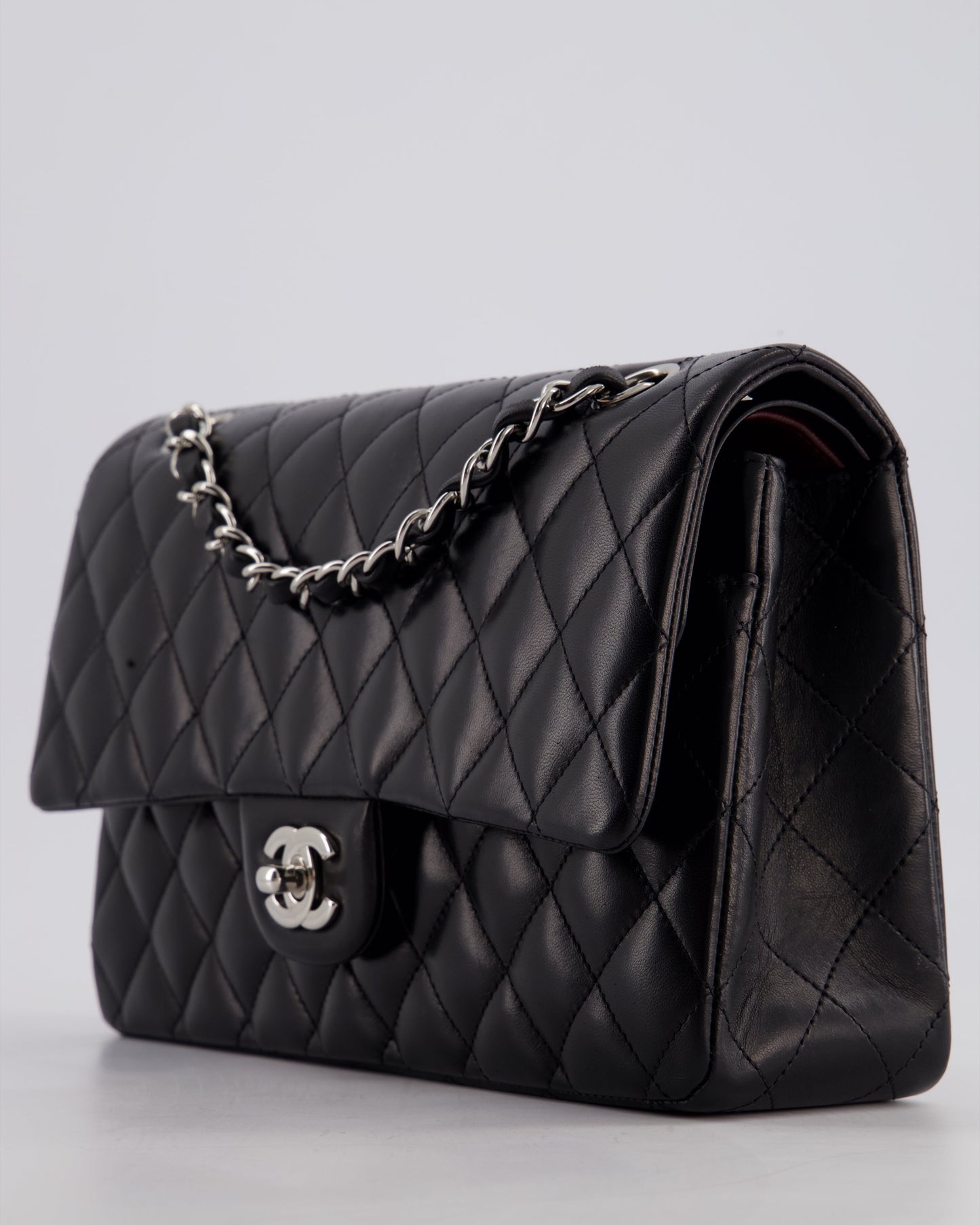 Chanel Black Medium Classic Double Flap Bag in Lambskin Leather with Silver Hardware