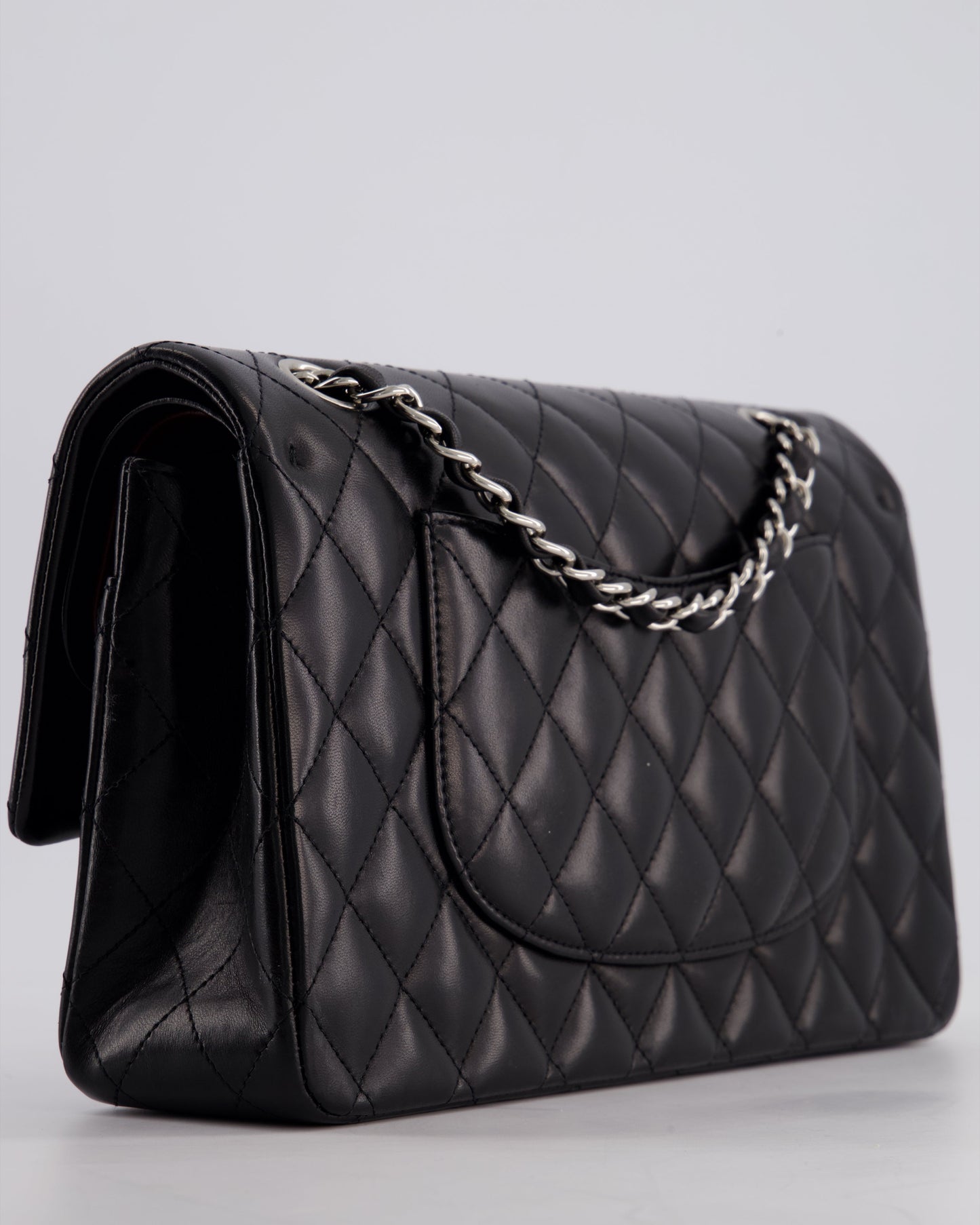 Chanel Black Medium Classic Double Flap Bag in Lambskin Leather with Silver Hardware