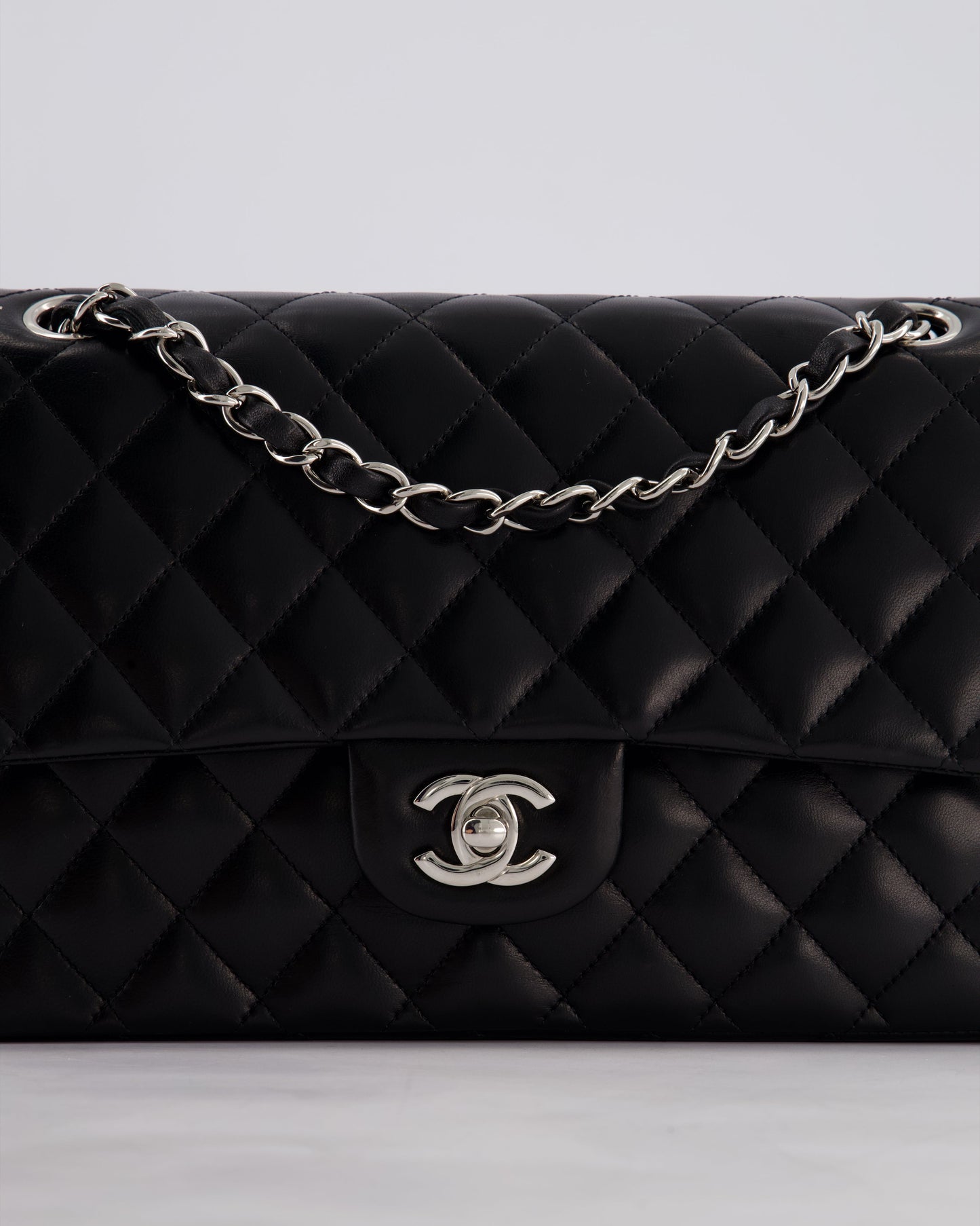 Chanel Black Medium Classic Double Flap Bag in Lambskin Leather with Silver Hardware