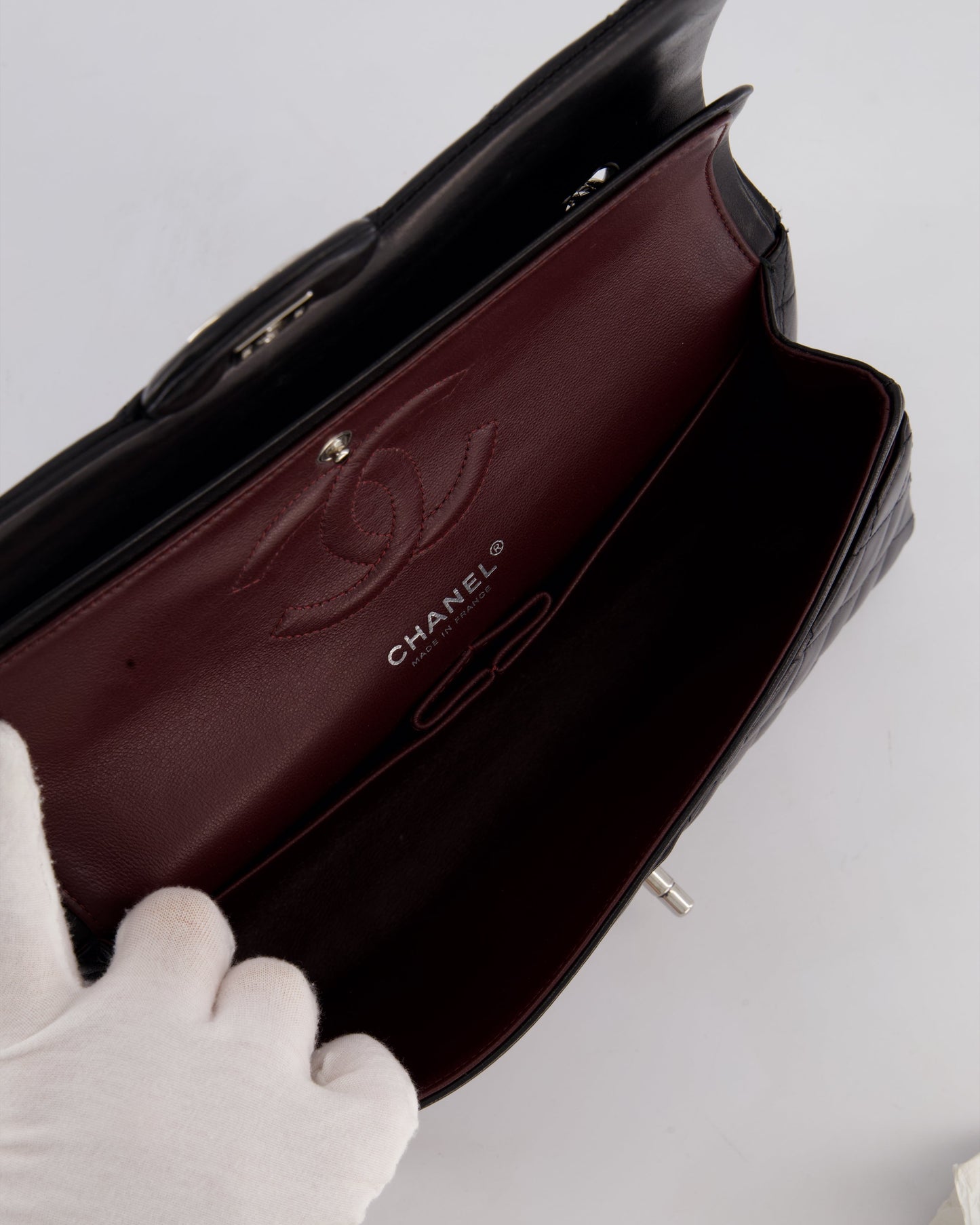 Chanel Black Medium Classic Double Flap Bag in Lambskin Leather with Silver Hardware