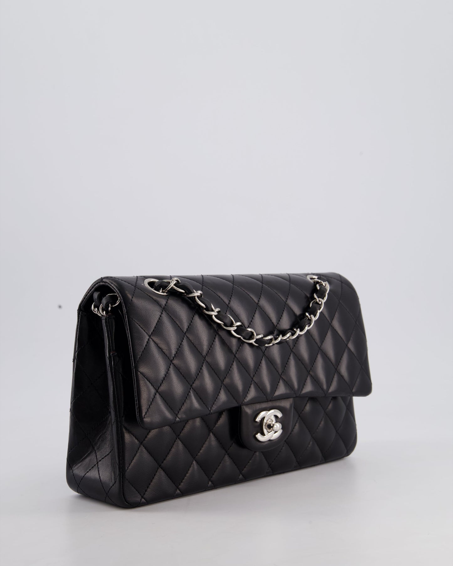Chanel Black Medium Classic Double Flap Bag in Lambskin Leather with Silver Hardware