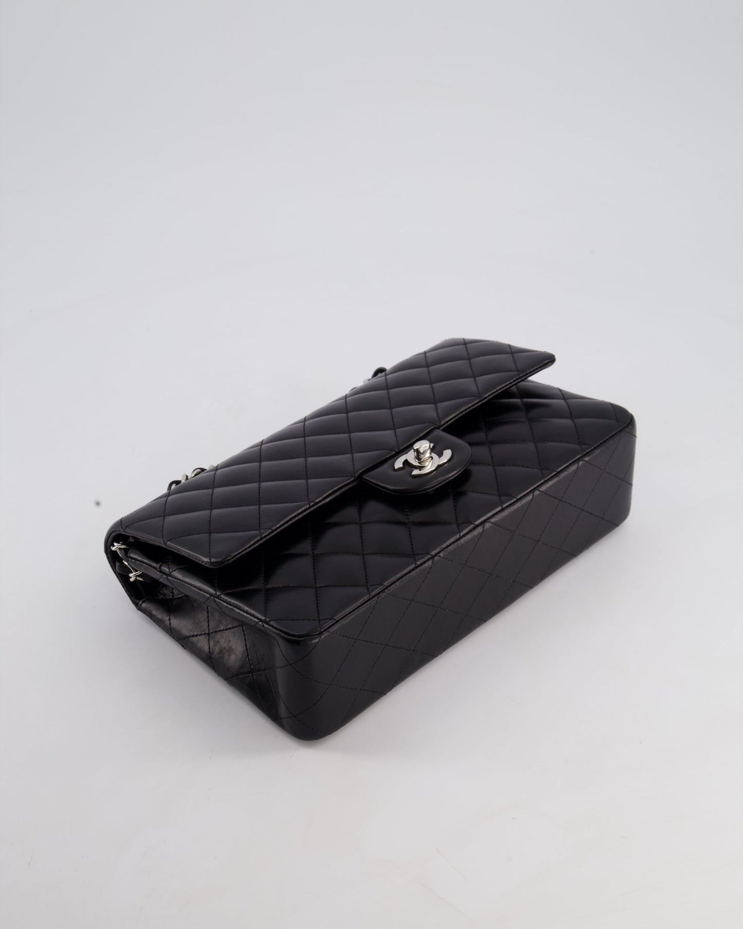 Chanel Black Medium Classic Double Flap Bag in Lambskin Leather with Silver Hardware