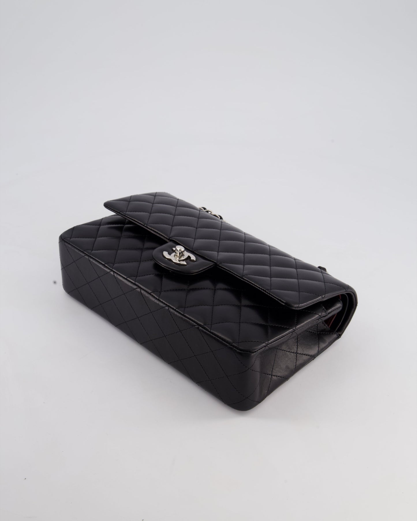 Chanel Black Medium Classic Double Flap Bag in Lambskin Leather with Silver Hardware