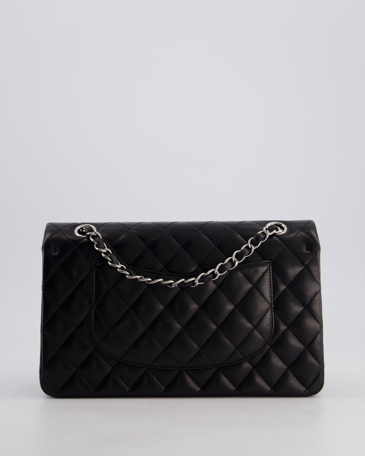 Chanel Black Medium Classic Double Flap Bag in Lambskin Leather with Silver Hardware