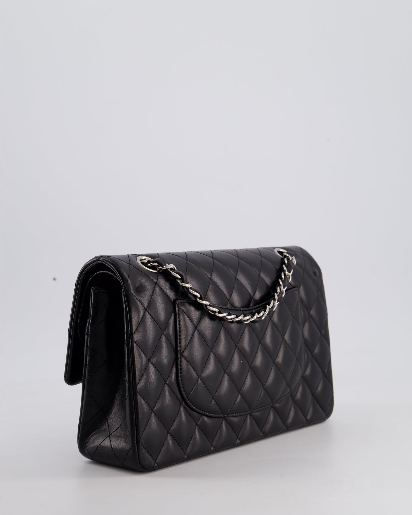 Chanel Black Medium Classic Double Flap Bag in Lambskin Leather with Silver Hardware