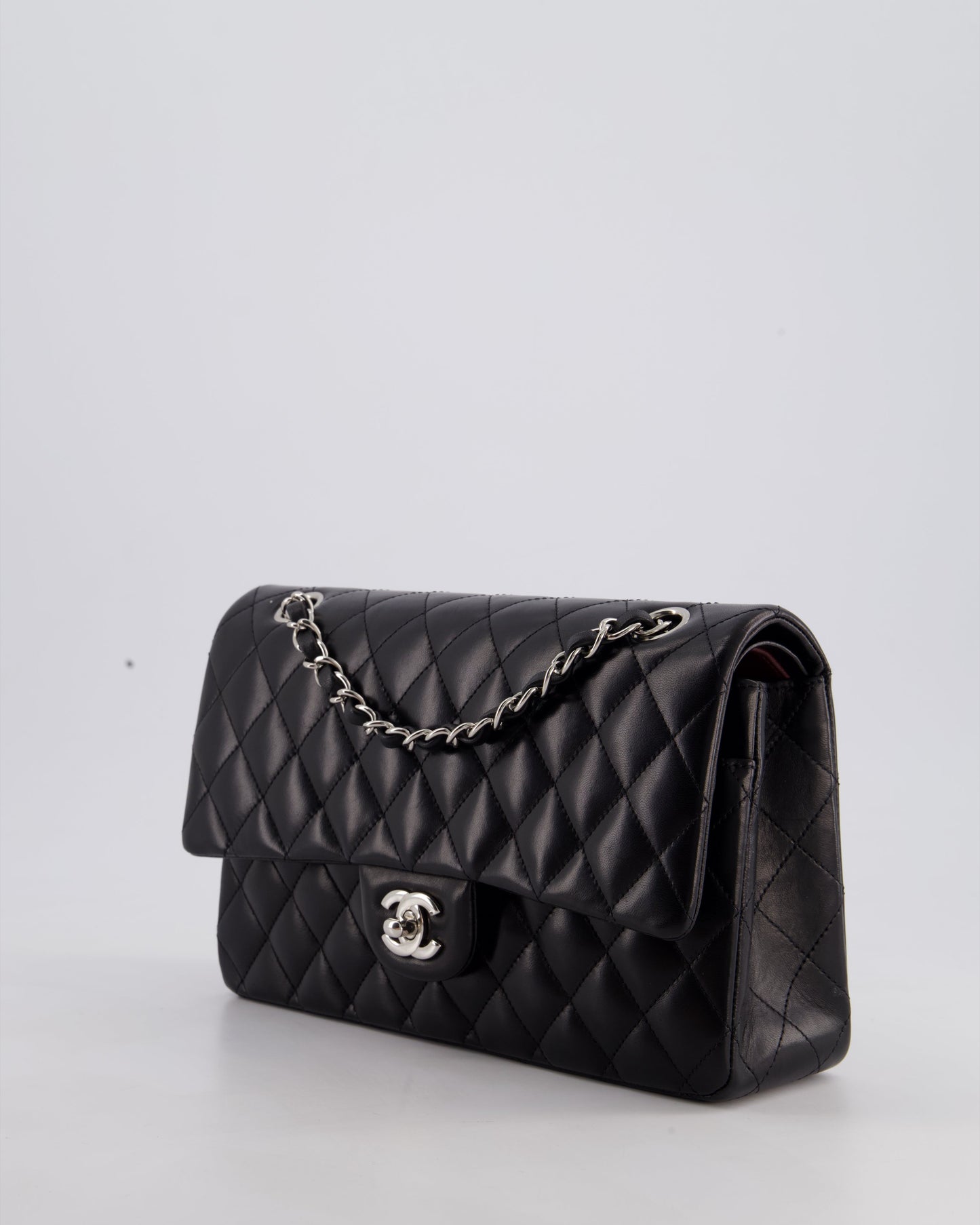 Chanel Black Medium Classic Double Flap Bag in Lambskin Leather with Silver Hardware