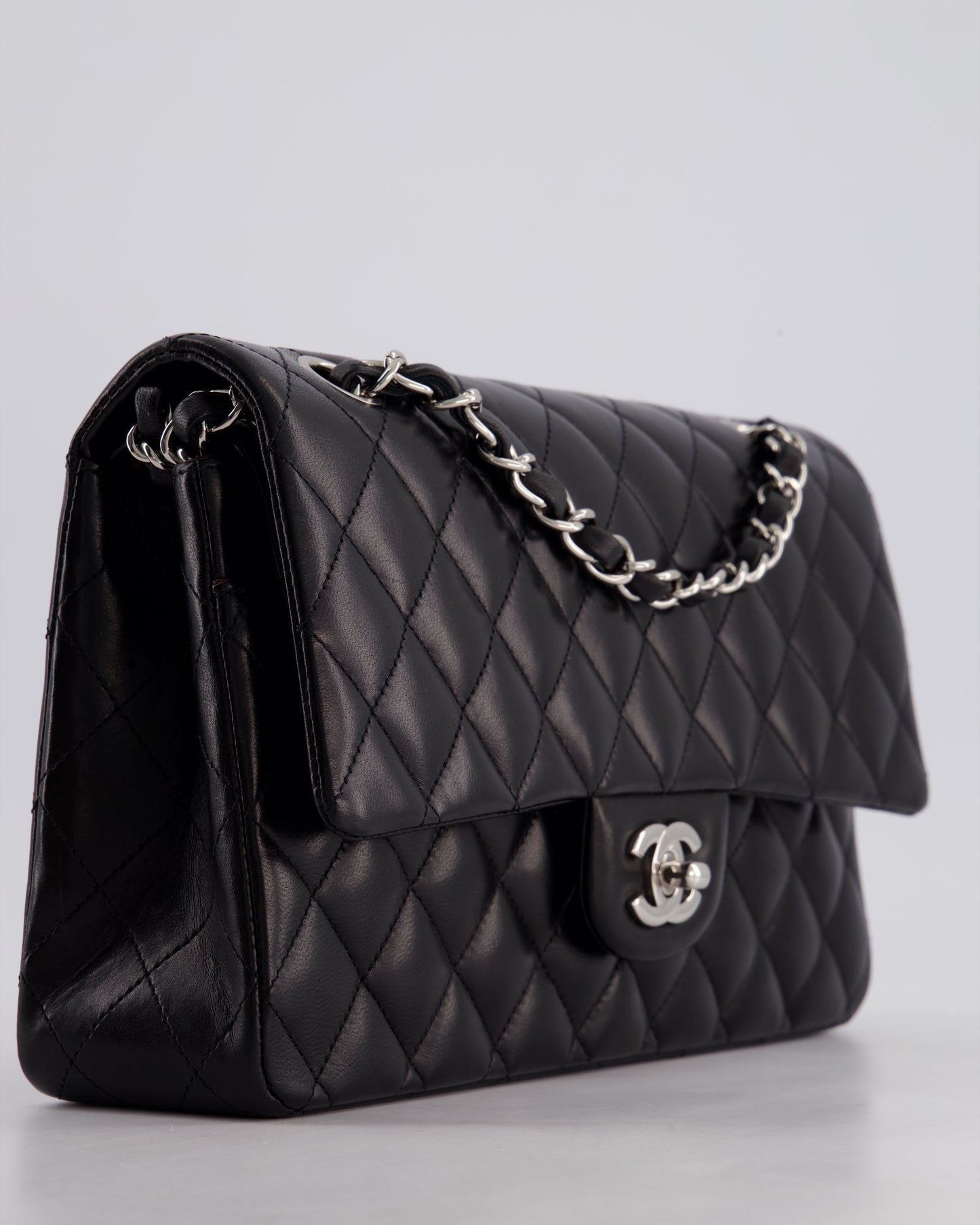 Chanel Black Medium Classic Double Flap Bag in Lambskin Leather with Silver Hardware