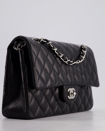 Chanel Black Medium Classic Double Flap Bag in Lambskin Leather with Silver Hardware