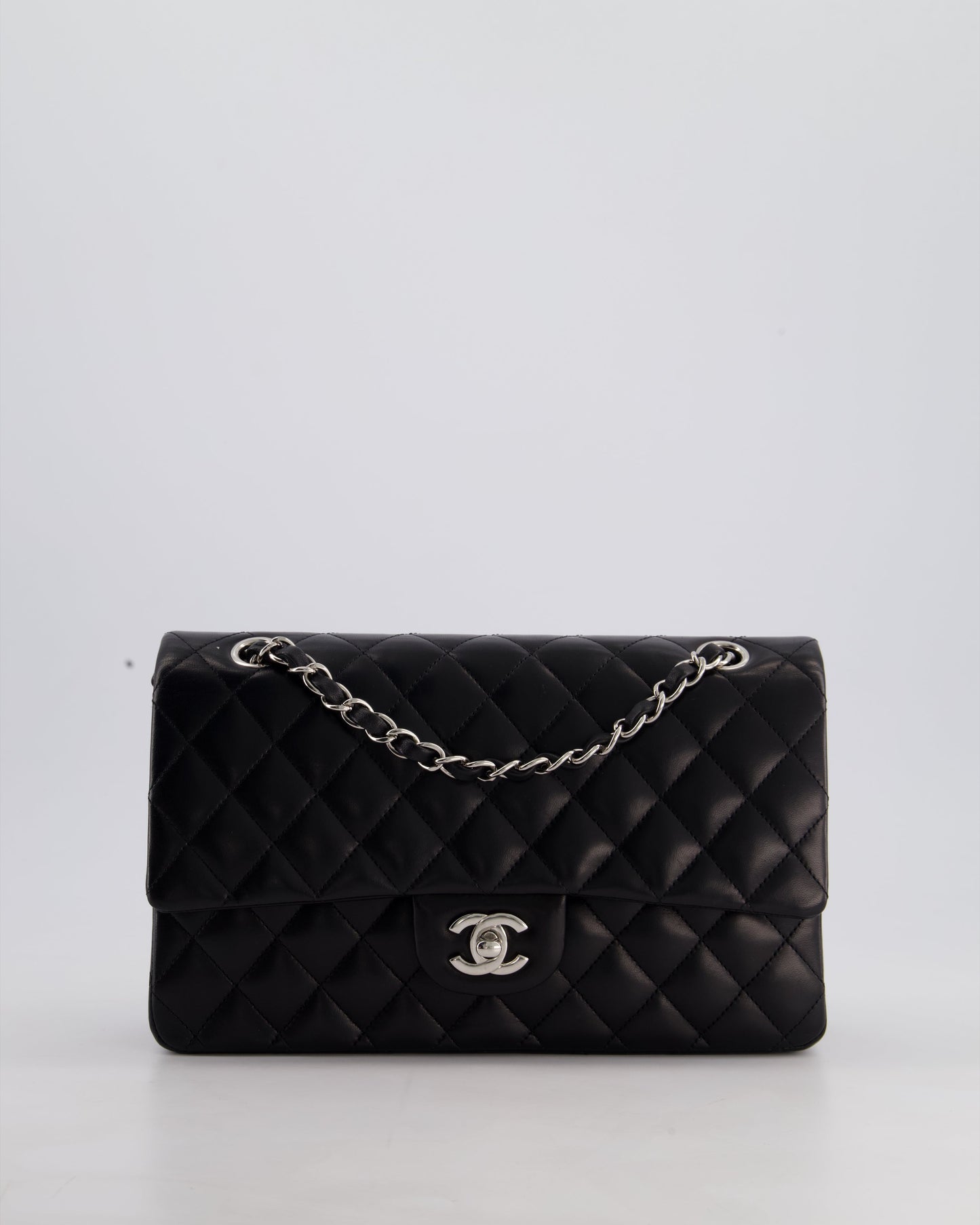 Chanel Black Medium Classic Double Flap Bag in Lambskin Leather with Silver Hardware