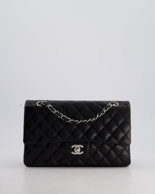 Chanel Black Medium Classic Double Flap Bag in Lambskin Leather with Silver Hardware