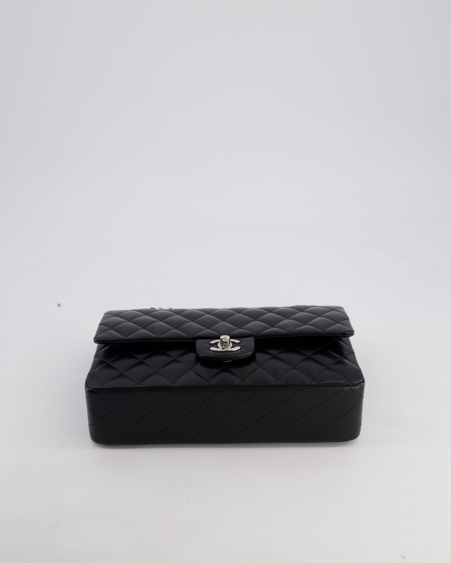 Chanel Black Medium Classic Double Flap Bag in Lambskin Leather with Silver Hardware
