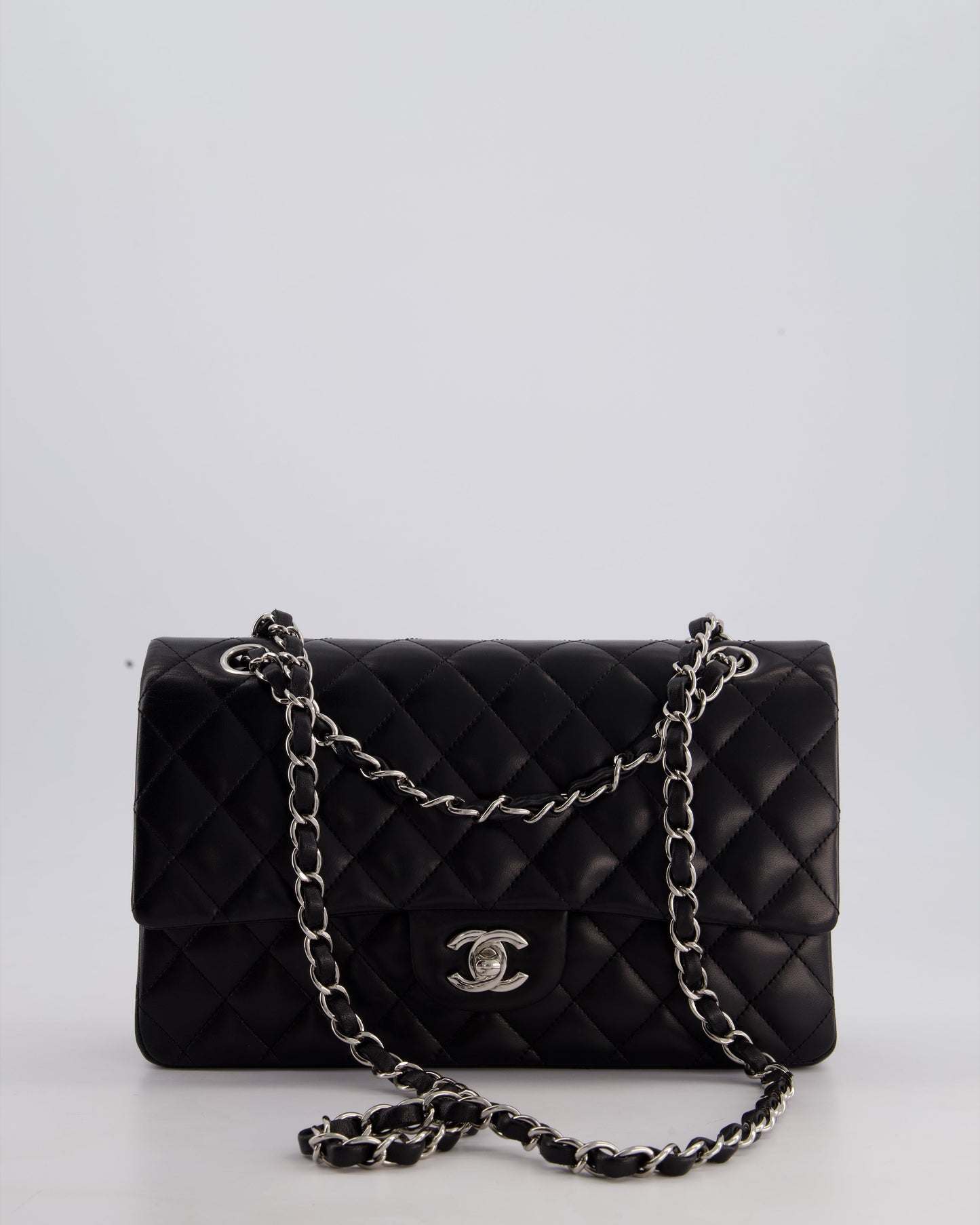 Chanel Black Medium Classic Double Flap Bag in Lambskin Leather with Silver Hardware