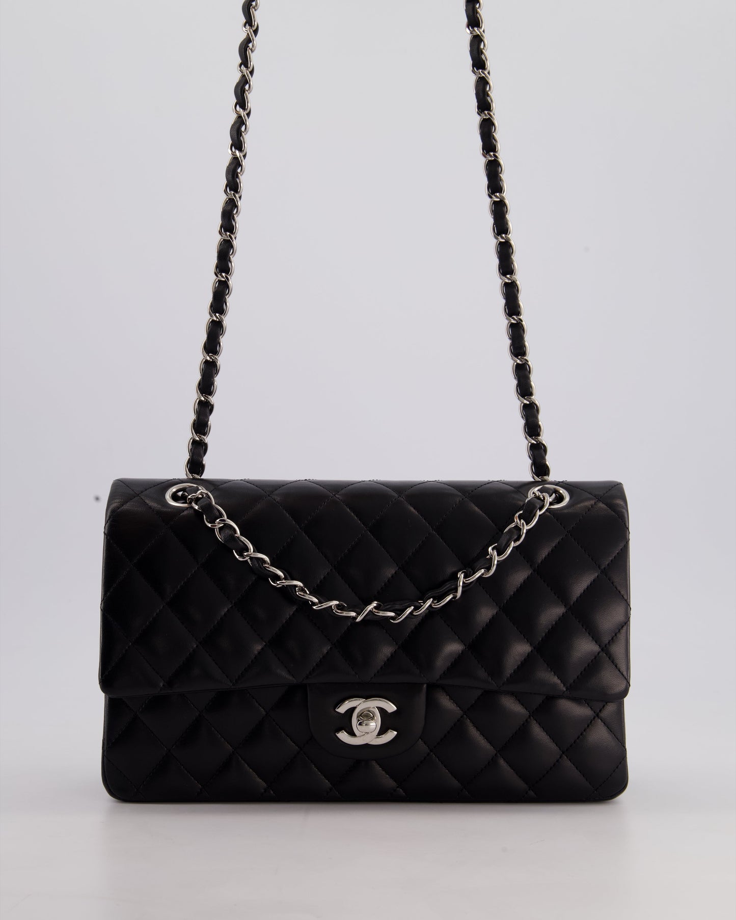 Chanel Black Medium Classic Double Flap Bag in Lambskin Leather with Silver Hardware