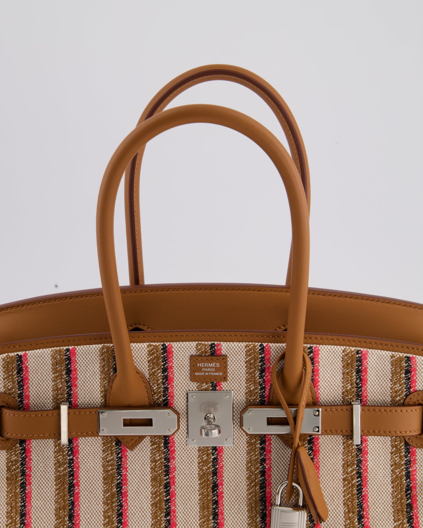 *SUPER HOT & NEW RELEASE* Hermès Birkin Shoulder Light 29cm Bag in Ecru, Beige, Rose Pop, Noir Broderie Couverture Rayure Toile H Canvas & Fauve Swift Leather with Palladium Hardware