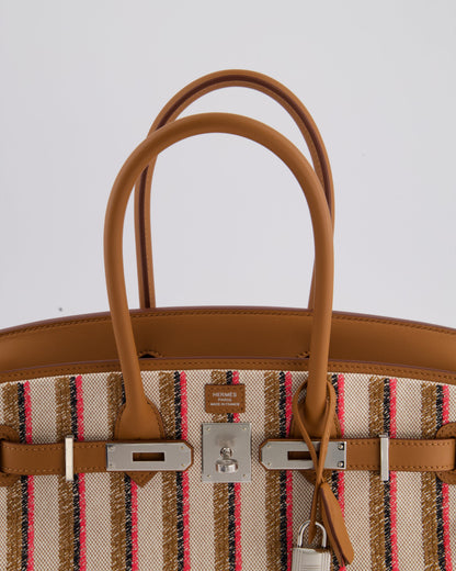 *SUPER HOT & NEW RELEASE* Hermès Birkin Shoulder Light 29cm Bag in Ecru, Beige, Rose Pop, Noir Broderie Couverture Rayure Toile H Canvas & Fauve Swift Leather with Palladium Hardware