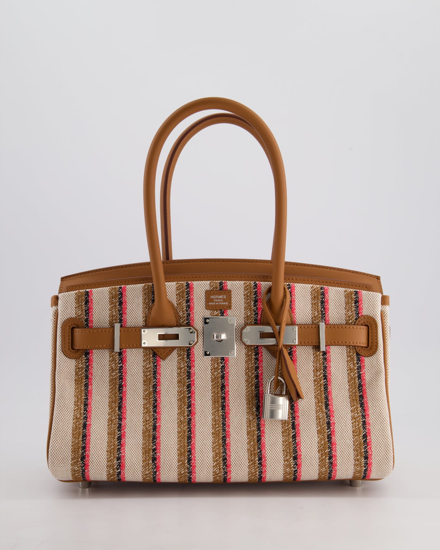 *SUPER HOT & NEW RELEASE* Hermès Birkin Shoulder Light 29cm Bag in Ecru, Beige, Rose Pop, Noir Broderie Couverture Rayure Toile H Canvas & Fauve Swift Leather with Palladium Hardware