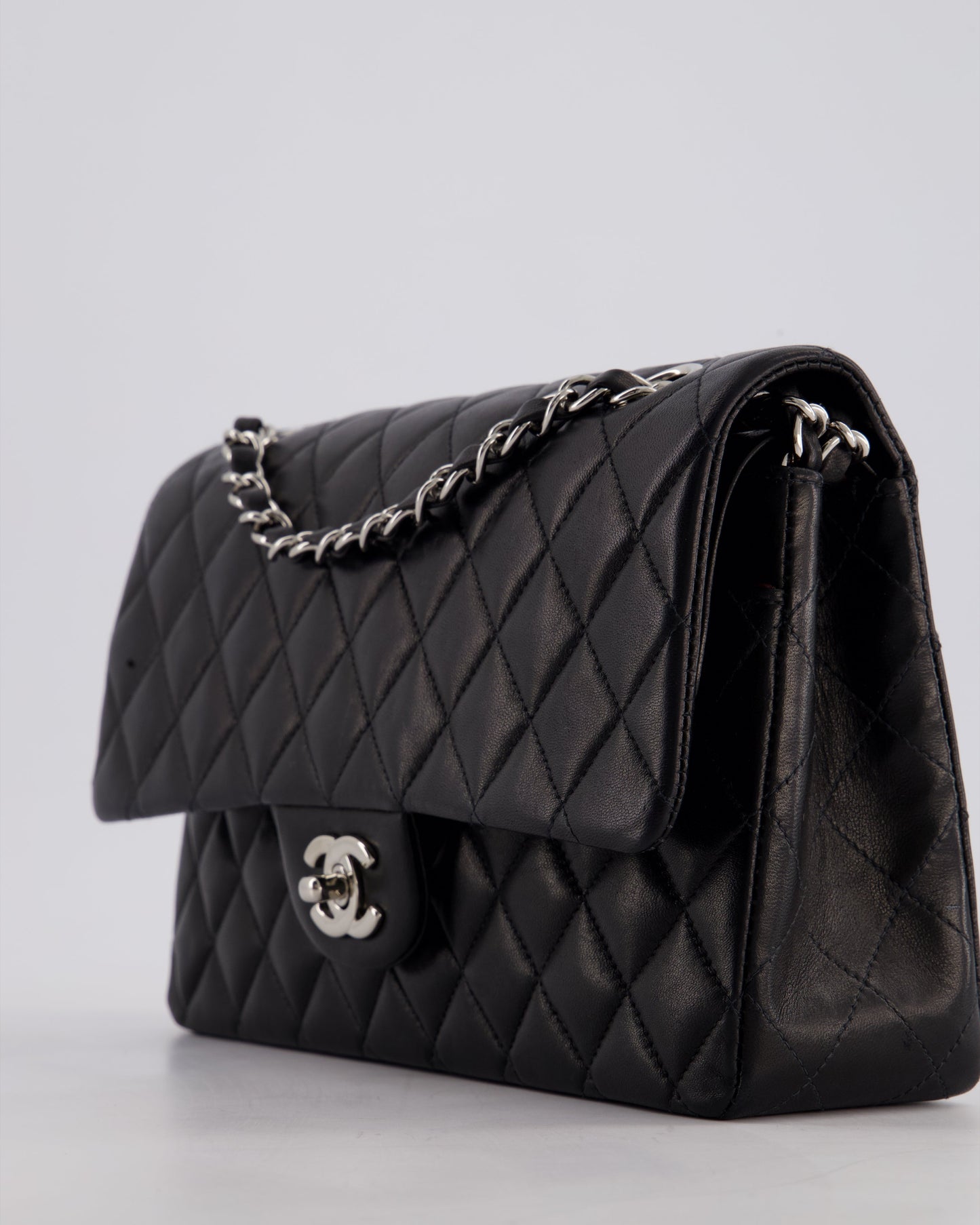 Chanel Black Medium Classic Double Flap Bag in Lambskin Leather with Silver Hardware