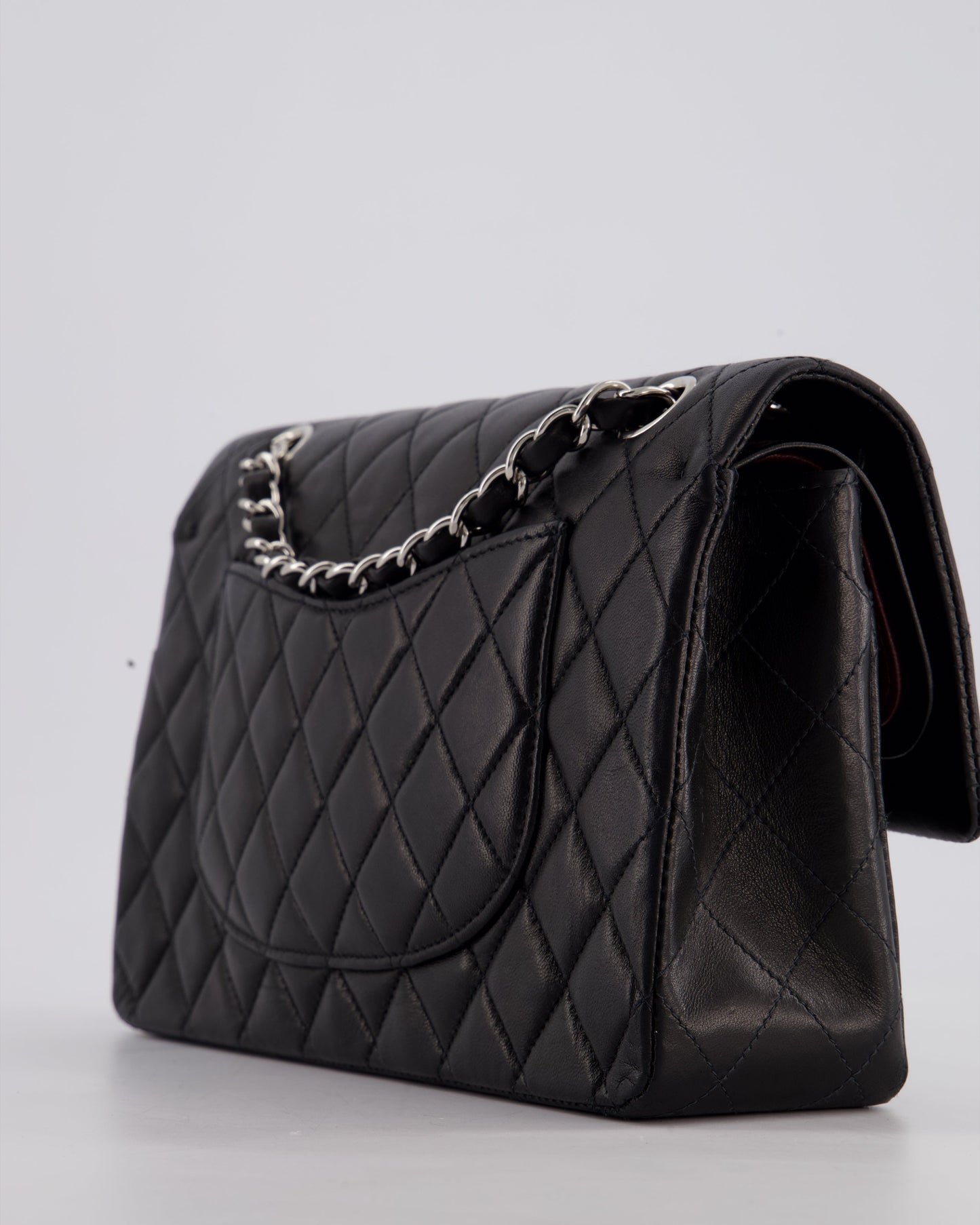 Chanel Black Medium Classic Double Flap Bag in Lambskin Leather with Silver Hardware