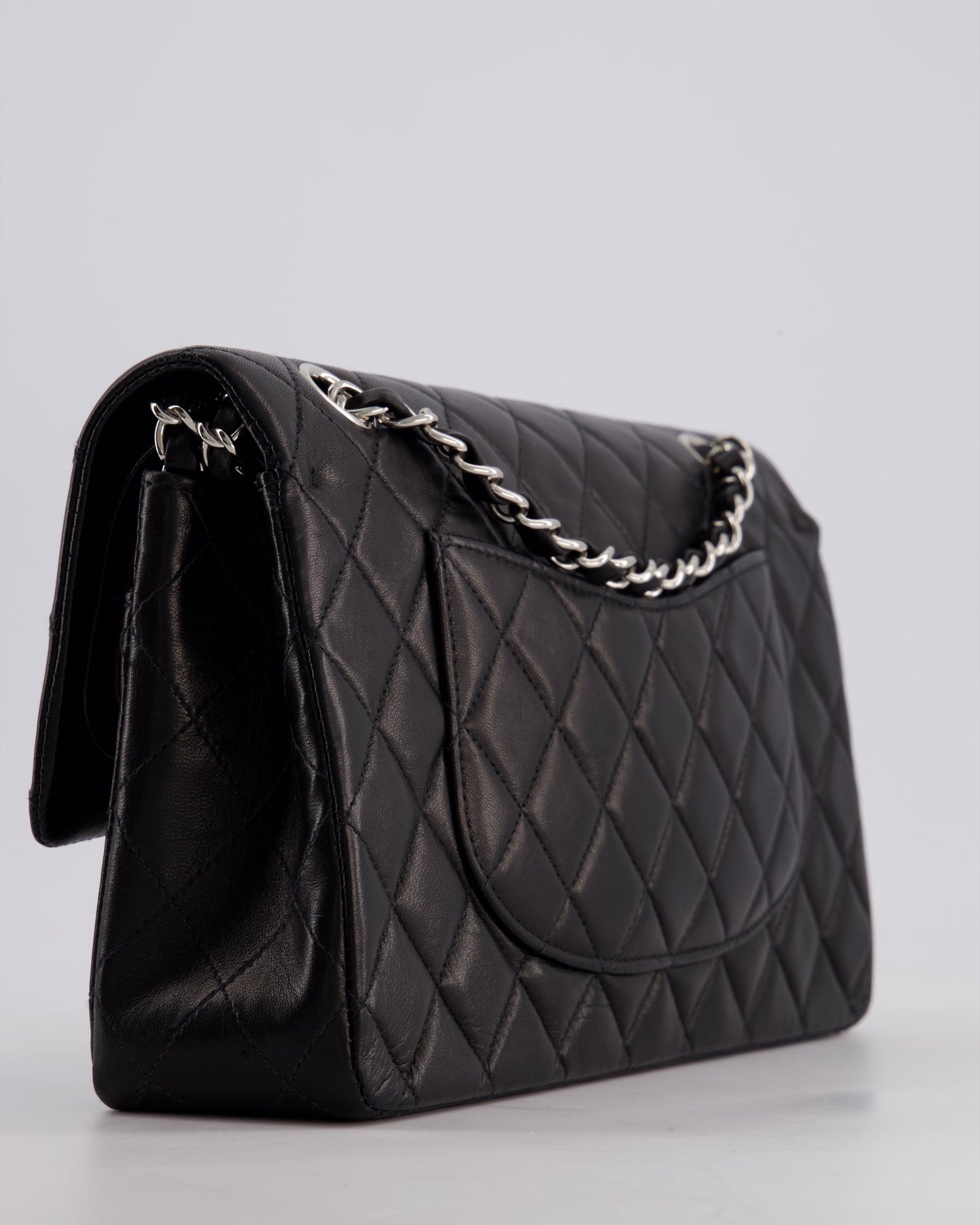 Chanel Black Medium Classic Double Flap Bag in Lambskin Leather with Silver Hardware