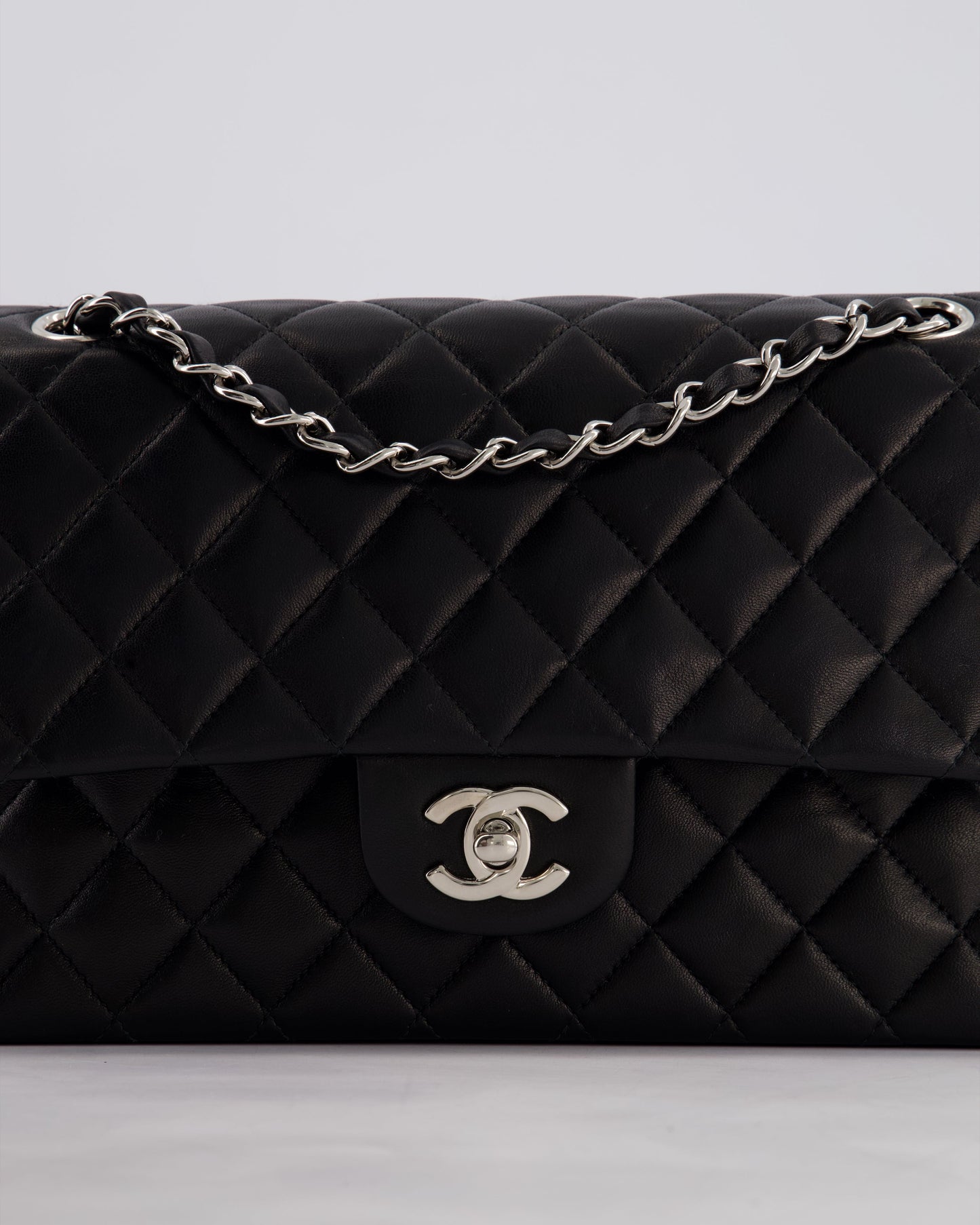 Chanel Black Medium Classic Double Flap Bag in Lambskin Leather with Silver Hardware