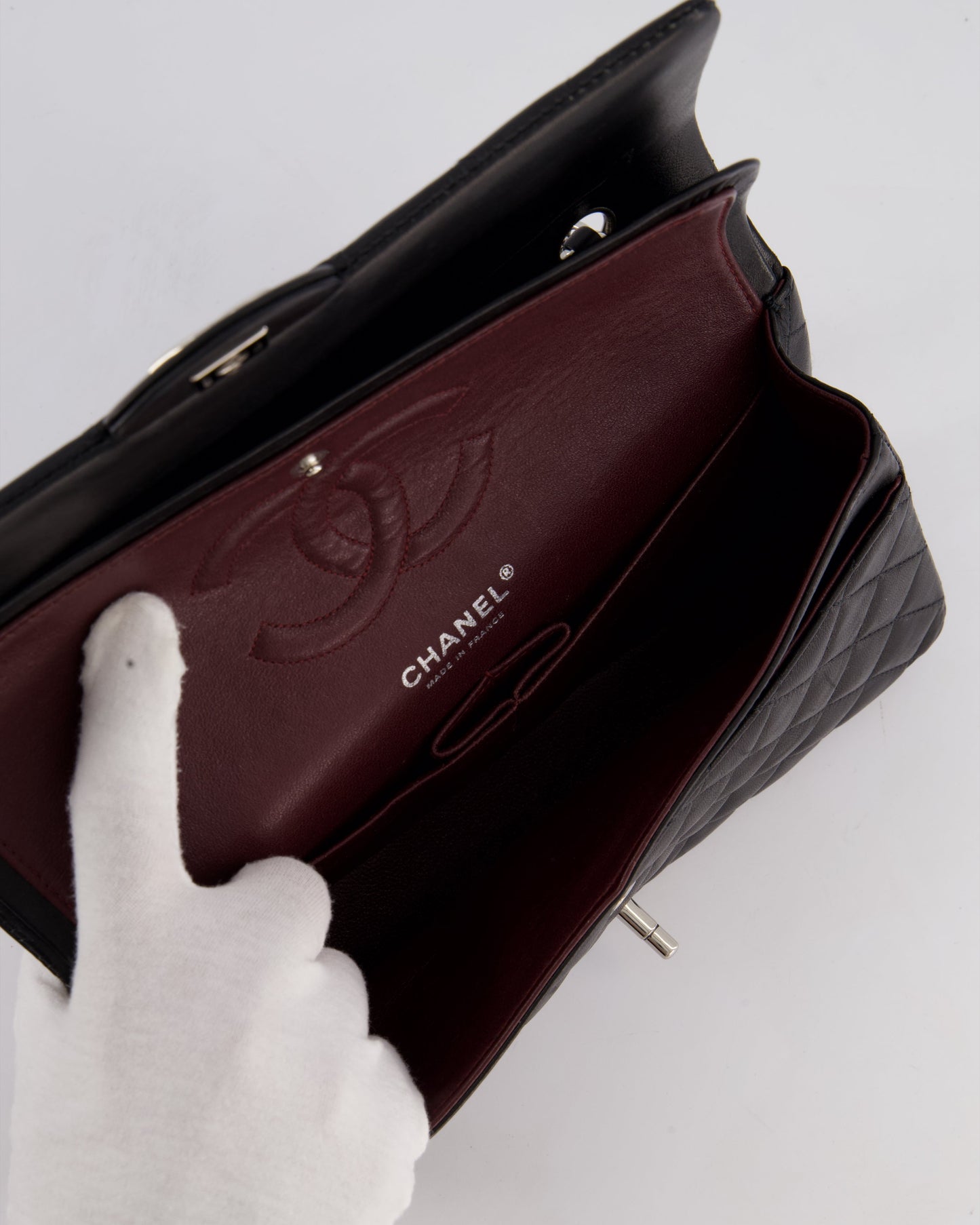 Chanel Black Medium Classic Double Flap Bag in Lambskin Leather with Silver Hardware