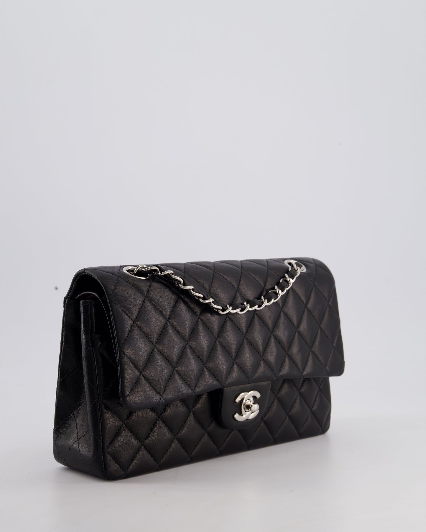 Chanel Black Medium Classic Double Flap Bag in Lambskin Leather with Silver Hardware