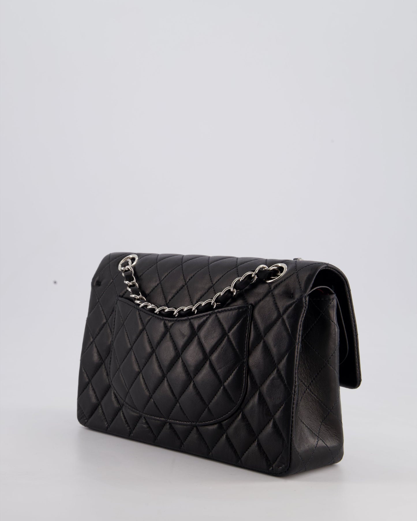 Chanel Black Medium Classic Double Flap Bag in Lambskin Leather with Silver Hardware
