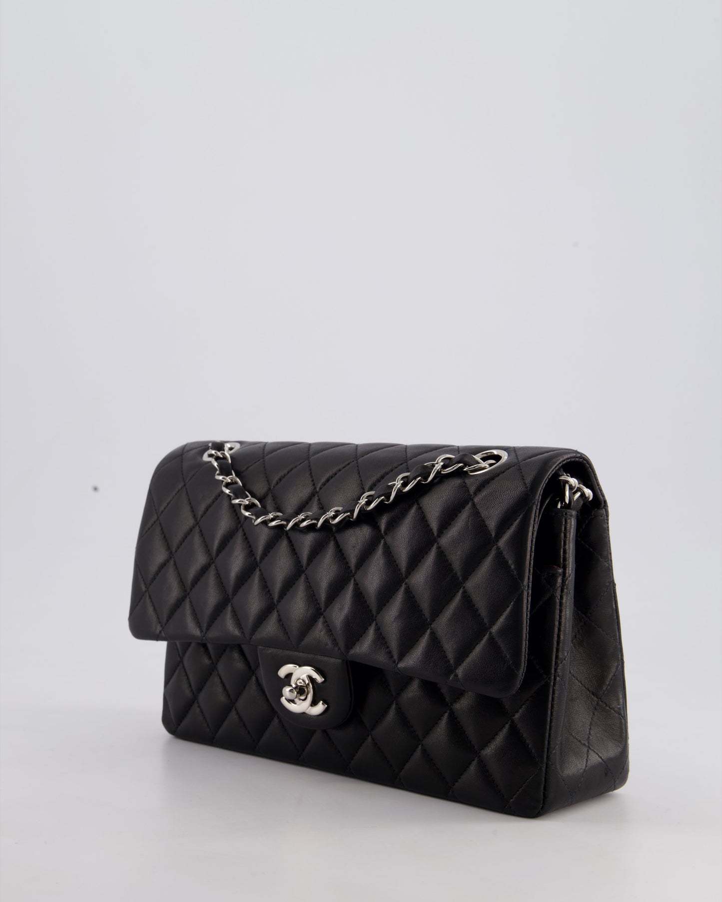 Chanel Black Medium Classic Double Flap Bag in Lambskin Leather with Silver Hardware