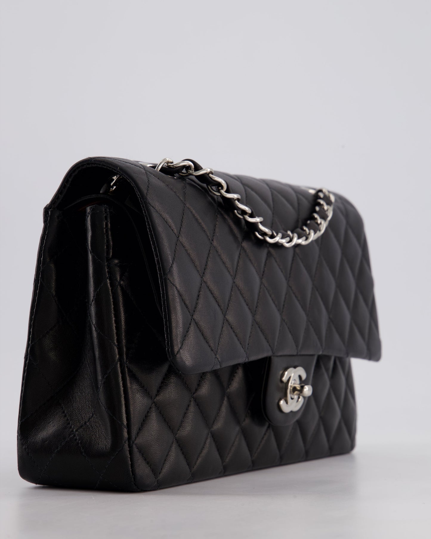 Chanel Black Medium Classic Double Flap Bag in Lambskin Leather with Silver Hardware