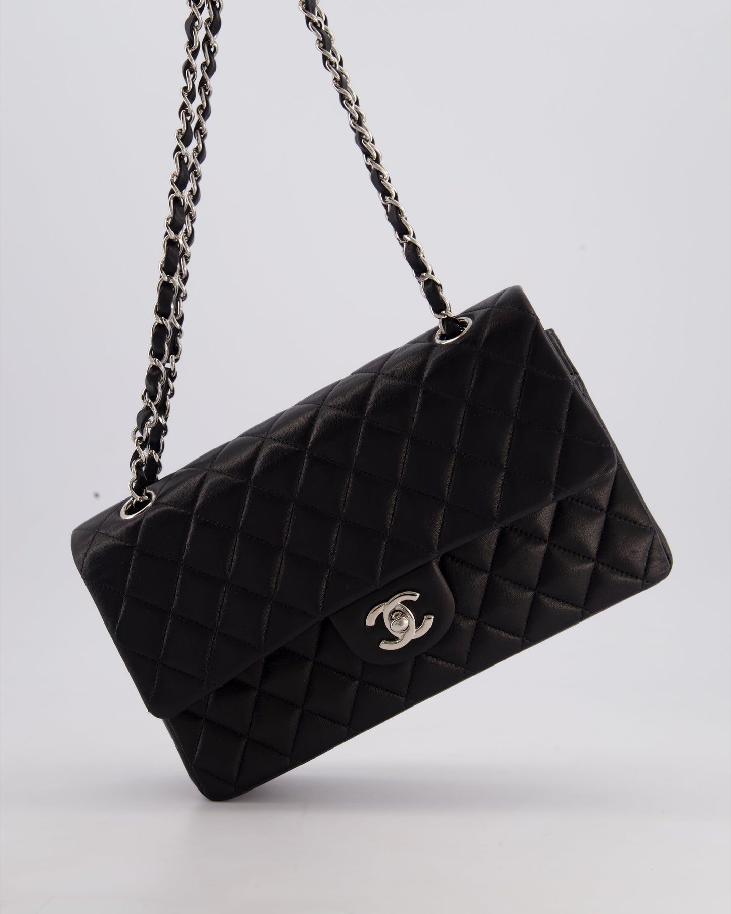 Chanel Black Medium Classic Double Flap Bag in Lambskin Leather with Silver Hardware