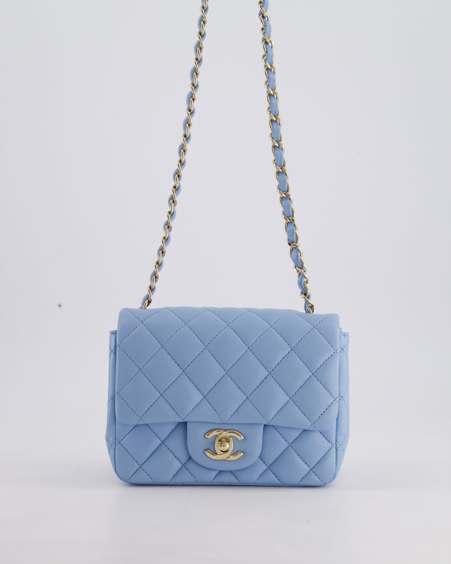 *HOT COLOUR* Chanel Sky Blue Mini Square Bag in Lambskin Leather with Champagne Hardware