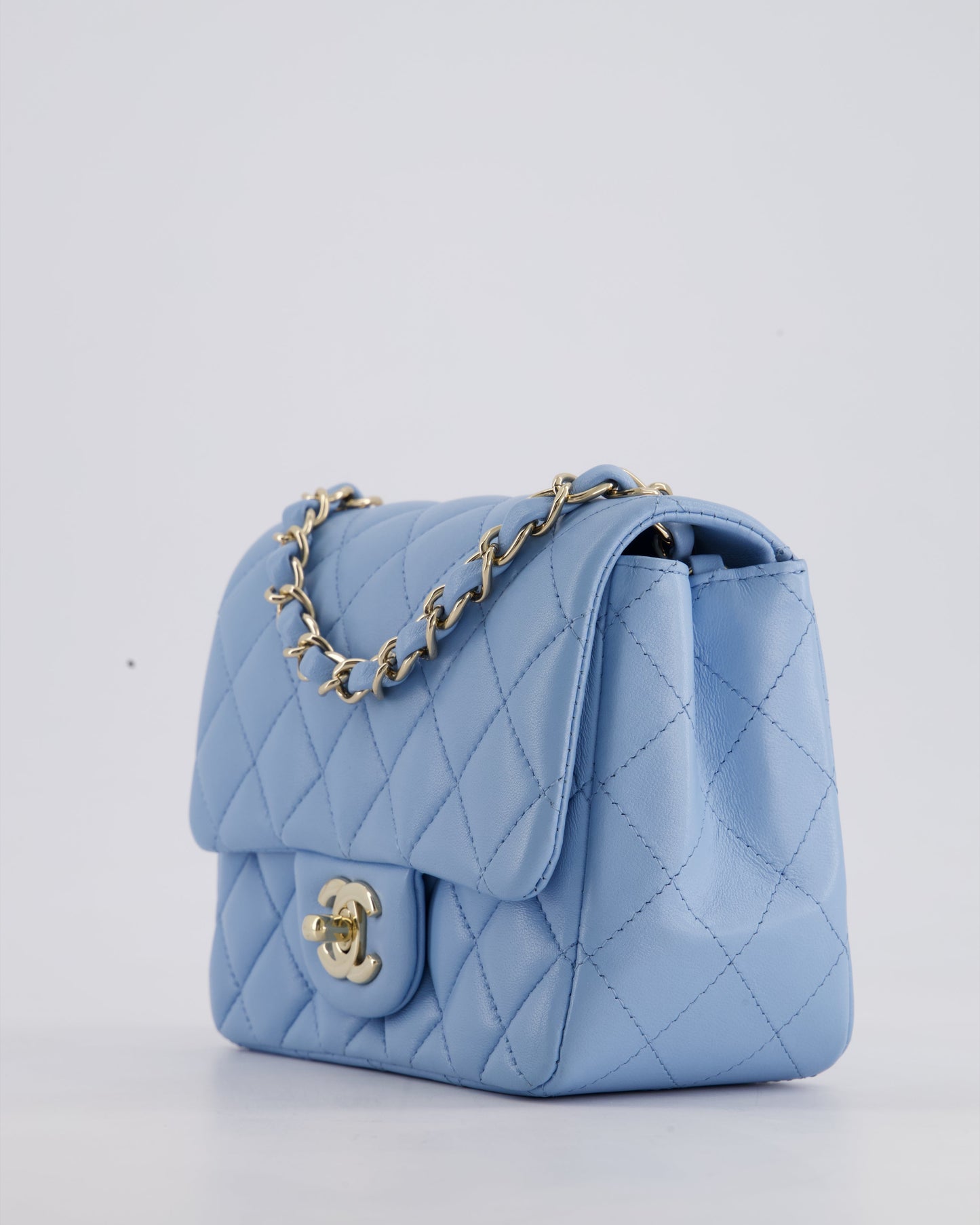 *HOT COLOUR* Chanel Sky Blue Mini Square Bag in Lambskin Leather with Champagne Hardware