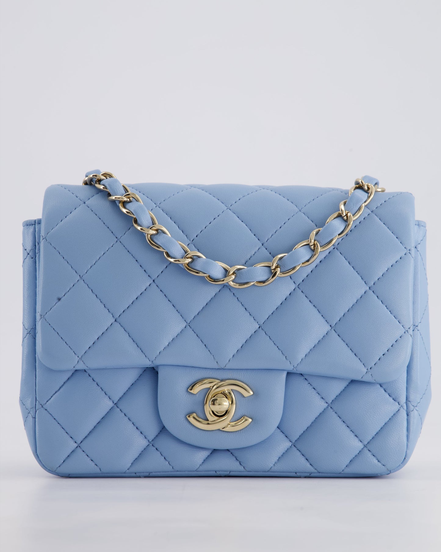 *HOT COLOUR* Chanel Sky Blue Mini Square Bag in Lambskin Leather with Champagne Hardware